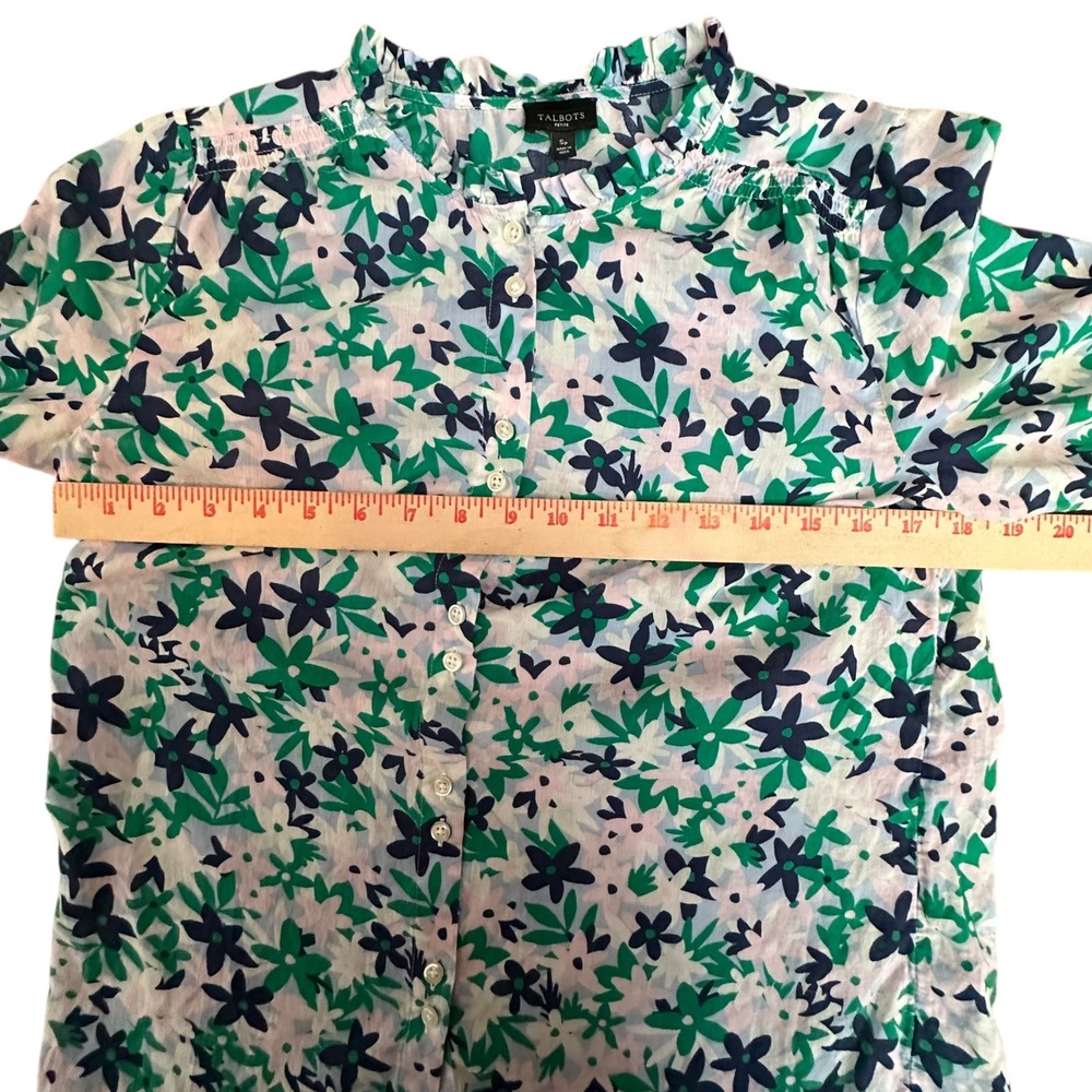 Talbots Petite Top Women's SP Navy Pink Floral‎ Ruffle Neck Button Up Shirt - Picture 6 of 9